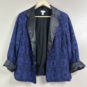 Chicos Women's Blue Lace Open Front Jacket Size 2 Lined Cotton Blend Blazer